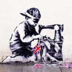 Banksy, 'Slave Labour (Bunting Boy),' stencil and spray paint on render with additional Golden Jubilee bunting, 48 x 60 in. Unique street work. Image courtesy of LiveAuctioneers.com and Fine Art Auctions Miami.