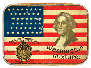 President George Washington's face is pictured with a flag on the lid of this 3-inch-by-4-inch 1890s tobacco tin. It sold for $303 at a William Morford auction in Cazenovia, N.Y.