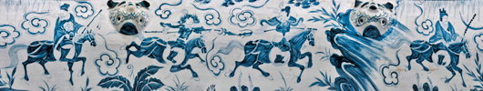 Close-up view of narrative equestrian scene on Yuan Dynasty porcelain jar. I.M. Chait image.