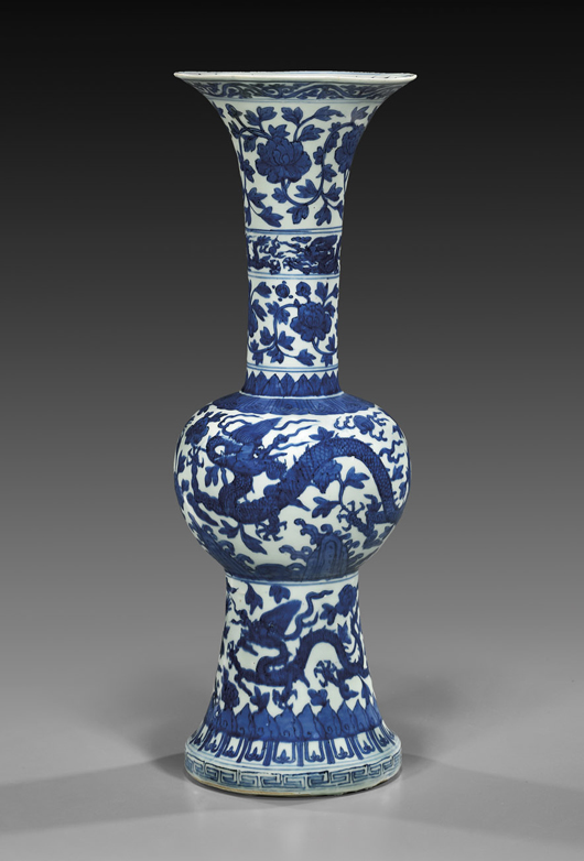 16th-century Ming gu-form dragon vase with Wanli mark, 21¼ inches tall. Estimate: $35,000-$40,000. I.M. Chait image.