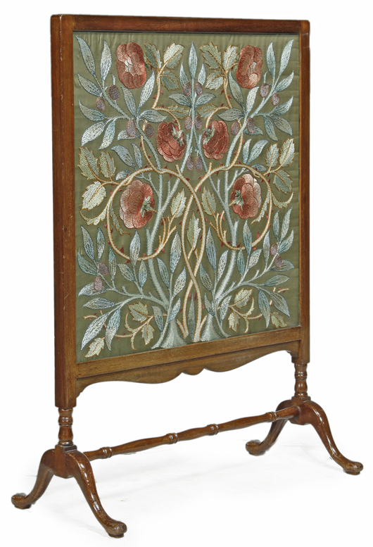 'Rose and Olive,' an Arts and Crafts floral silkwork panel set into a firescreen by Morris & Co. Dreweatts & Bloomsbury Auctions image.