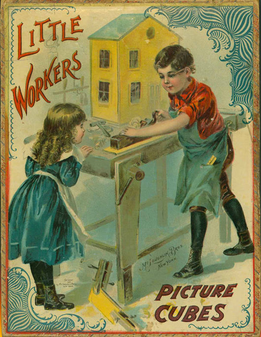 The cover art on a set of early 1900s children's picture blocks. Winterthur image.