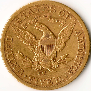 Reverse of 1893 Carson City Liberty Half Eagle gold coin. Image courtesy of Wikimedia Commons.
