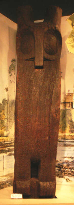 A rare Timucua owl totem found buried in muck near Hontoon Island, Fla., in 1955. It is on display at the Fort Caroline National Monument in Jacksonville, Fla. Image courtesy Wikimedia Commons.