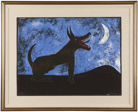 ‘Dog Barking at Moon’ by Mexican artist Rufino Tamayo generated considerable interest, attracting numerous bidders who raised the lithograph to a final selling price of $5,819. John Moran Auctioneers image.