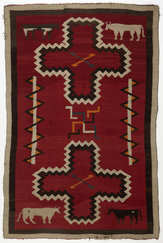 Moran’s sold this Navajo pictorial rug dating from the 1920s for $5,100, well over the $1,000–$1,500 estimate, continuing a slew of successful sales for the house in this collecting area. John Moran Auctioneers image.