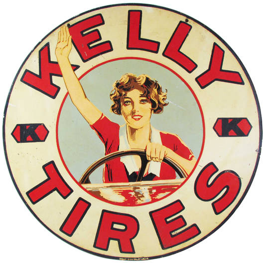 Scarce Kelly Tires tin sign in good original condition, 24 inches in diameter (est. $15,000-$25,000). Showtime Auctions image.