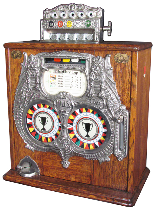 Extremely rare Mills Silver Cup trade stimulator slot machine, one of only four known (est. $30,000-$50,000). Showtime Auctions image.