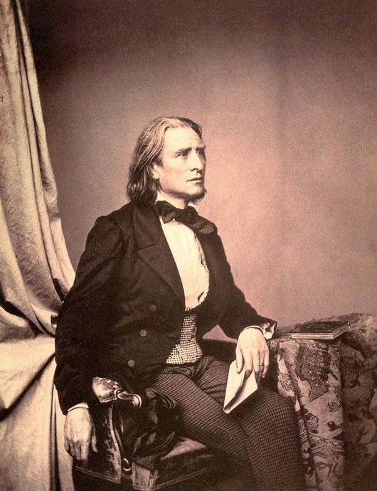 Composer and pianist Franz Liszt in an 1858 photo by Franz Hanfstaengl. Image courtesy of Wikimedia Commons.