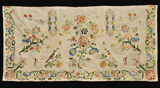 Early embroidered silk apron/panel, America, probably 18th century. Provenance: formerly property of the Metropolitan Museum of Art, New York. Estimate:$300-500. Skinner Inc. image.