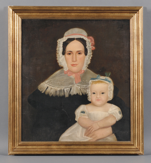 Nineteenth century American school oil on canvas portrait of Angelina Pattison Kirkham and baby. Estimate: $400-500. Skinner Inc. image.