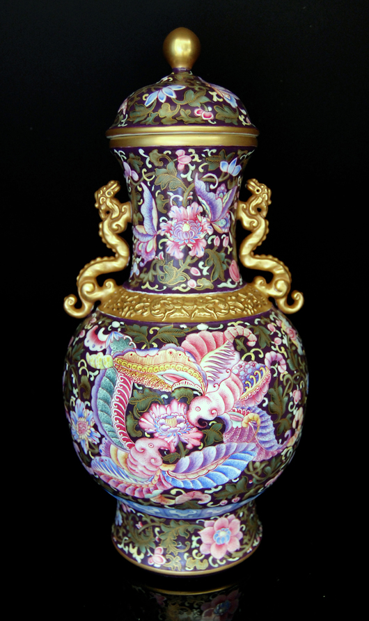 The prize porcelain in Gianguan Auctions Spring Asia Week sale is this Famille Rose enameled gilt painted butterfly vase. It is of the Qing Dynasty period and bears the six-character Qianlong mark. Image courtesy of Gianguan Auctions.