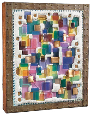 This fused-glass sculpture is a multicolored mosaic embedded in concrete and framed in brass. It's marked 'Higgins.' It sold for $210 a few years ago at Jackson's Auctioneers in Cedar Falls, Iowa.