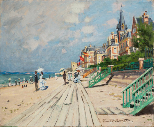 Claude Monet (1840–1926), ‘The Beach at Trouville,’ 1870, oil on canvas, 22 x 25 5/8 inches. Collection of Wadsworth Atheneum Museum of Art, Hartford, Conn. The Ella Gallup Sumner and Mary Catlin Sumner Collection Fund, 1948.116.