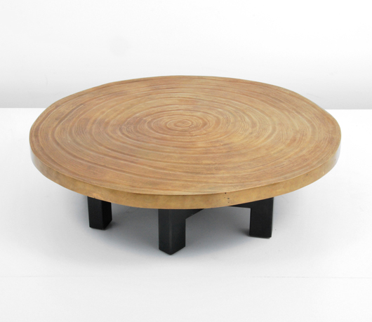 Ado Chale (Belgian, b. 1928-) bronze-top cocktail table with simulated wood-grain pattern, metal legs. Est. $50,000-$70,000. Palm Beach Modern Auctions image.