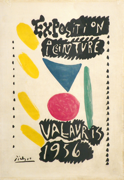 One of several posters by Pablo Picasso (Spanish, 1881-1973), this one from the artist’s 1956 exhibition in Vallauris, France; edition of 1,000. Est. $500-$600. Palm Beach Modern Auctions image.