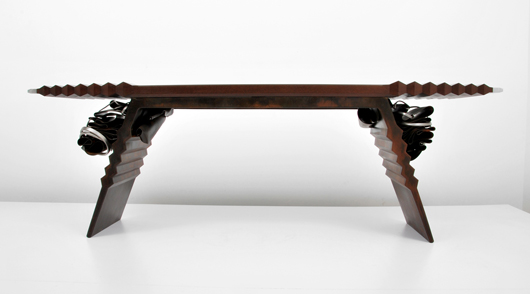 Albert Paley (American, b. 1944-) forged and fabricated steel and wood console/sofa table with eccentrically pleated and mashed metal adornments. Est. $25,000-$45,000. Palm Beach Modern Auctions image.