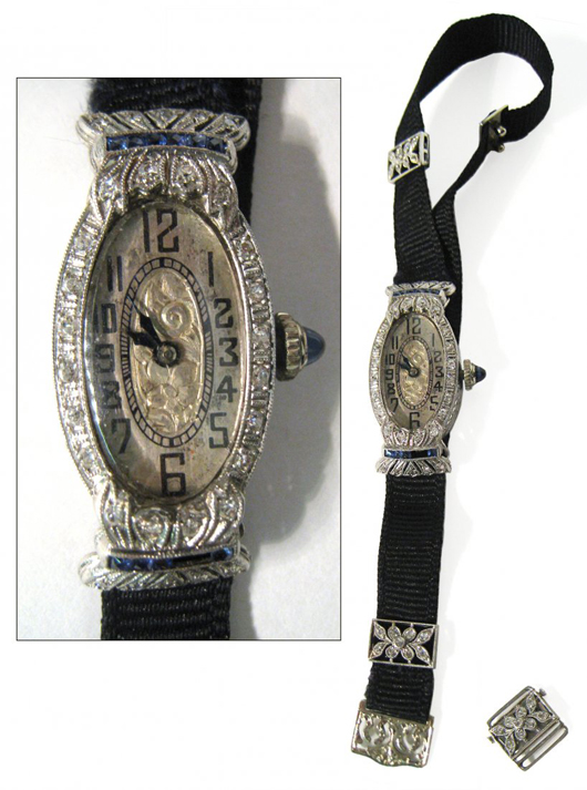 Swiss platinum ladies' dress wristwatch, set with sapphires and diamonds (est. $2,500-$5,000). Gordon S. Converse & Co. image.