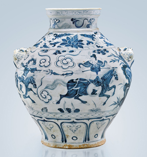Magnificent and highly important 14th-century Yuan Dynasty blue and white ovoid porcelain jar with narrative scene from the Yuan zaju drama ‘The Savior Yuchi Gong.’ Sold for $1,324,000. I.M. Chait image.
