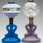 Rare Boston & Sandwich Glass Co. triple-dolphin stem lamps. Jeffrey S. Evans & Associates image.