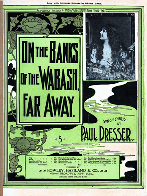 Sheet music for Paul Dresser's song 'On the Banks of the Wabash, Far Away.' Image modified by Papa Lima Whiskey. Permission is granted to copy, distribute and/or modify this document under the terms of the GNU Free Documentation License, Version 1.2.