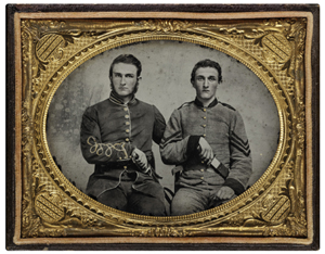 Ambrotype of Capt. Charles A. Hawkins and Sergeant John M. Hawkins, Company E, 'Tom Cobb Infantry,' 38th Regiment Georgia Volunteer Infantry, 1861-62. Photographer unknown. David Wynn Vaughan Collection.