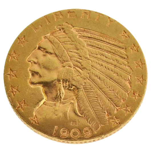 1909-D $5 U.S Indian Head gold coin. Government Auction image.
