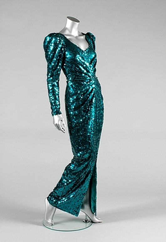 A Catherine Walker sea-green sequined evening gown, worn for the state visit to Austria in 1989. Sold for £90,000 including buyer's premium. Kerry Taylor Auctions image.