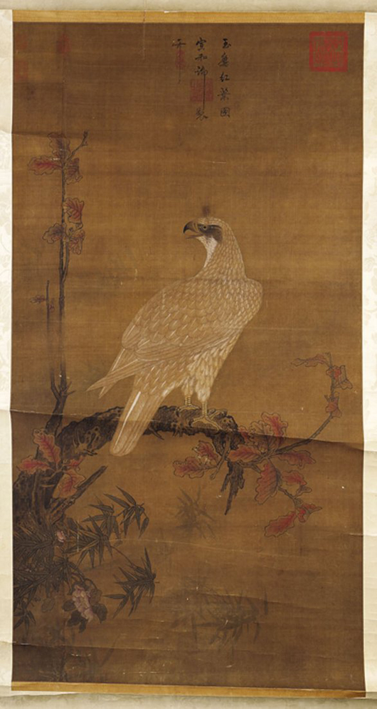 Titled ‘Eagle and Autumn Leaves,’ this Chinese scroll painting bearing the signature of Emperor Song Huizong as well as the collector’s seal of the Qianlong emperor, sold for  $125,000. Neal Auction Co. image.
