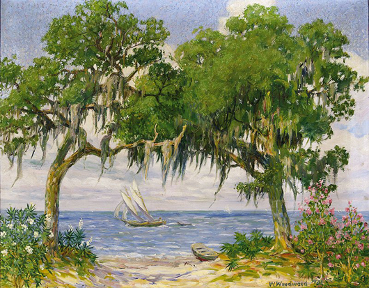 Carrying a presale estimate of $20,000-$30,000, this 1921 William Woodward (American/New Orleans 1859-1939) oil on canvas depicting a romantic ‘Gulf Shore’ scene sold for $105,000. Neal Auction Co. image.