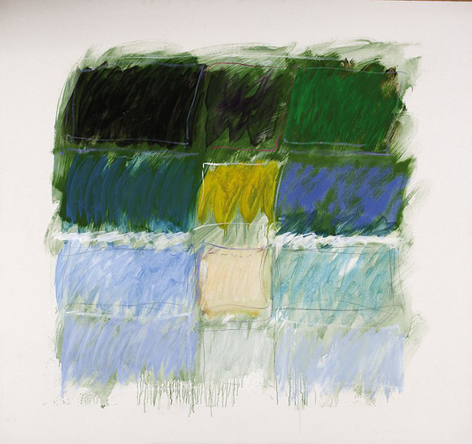 A vibrant, 1974 oil on canvas by Ida Rittenberg Kohlmeyer (American/New Orleans, 1912-1997) titled ‘Transverse #3,’ sold for $60,000, against a presale estimate of $15,000-$25,000. Neal Auction Co. image.