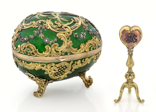 The 1902 Kelch Rocaille Egg. All seven Kelch eggs created by Michael Perchin, Faberge's second head workmaster; St. Petersburg. Height: 12 cm, Length: 14 cm. Given by Alexander Kelch to his wife Barbara Kelch-Bazonova. Image courtesy the Houston Museum of Natural Science. 