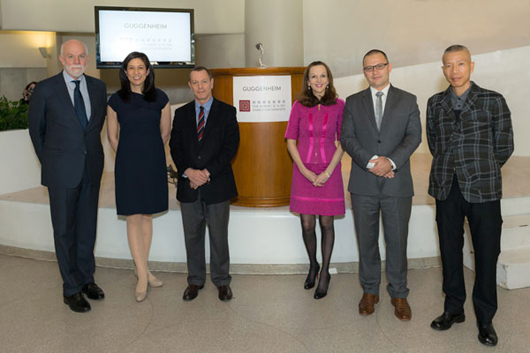 From the left: Richard Armstrong, director, Solomon R. Guggenheim Museum and Foundation; Jean Miao, operations director, the Robert H.N. Ho Family Foundation; Ted Lipman, CEO and president, the Robert H.N. Ho Family Foundation; Alexandra Munroe, Samsung senior curator of Asian Art, Solomon R. Guggenheim Foundation; Thomas J. Berghuis, future Robert H.N. Ho Family Foundation curator of Chinese Art; Cai Guo-Qiang. Photo: Kris McKay © Solomon R. Guggenheim Foundation.