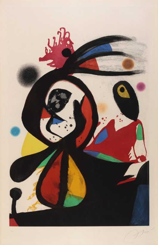 Joan Miro (Spanish, 1893-1983), ‘L’aigrette Rouge,’ aquatint etching, signed, 15/50, 64in x 46in framed, est. $10,000-$15,000. Myers Fine Art image.