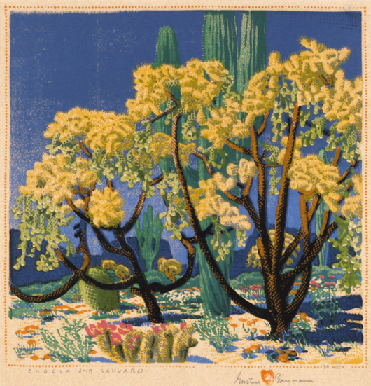 Gustave Baumann (American, 1881-1971), ‘Cholla and Sahuaro,’ one of three Baumann woodblock prints in the auction, signed and titled, 49/125, 18¾in x 22¾in framed, est. $10,000-$15,000. Myers Fine Art image.