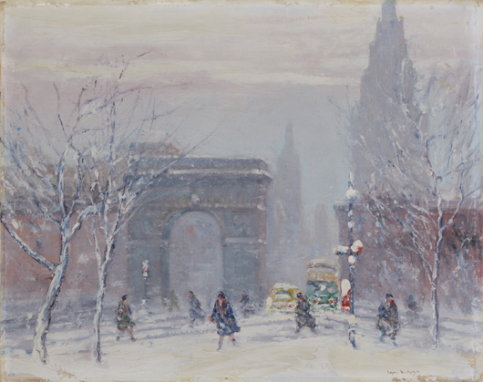 Johann Berthelsen (American, 1883-1972), ‘Washington Square Park NYC,’ oil on board, one of three Berthelsen winter scenes in the auction, signed, 28¾in x 22¾in framed, est. $4,000-$6,000. Myers Fine Art image.