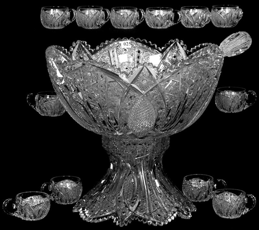 Signed Libbey punch bowl set in the rare Aztec pattern, with two-part punch bowl and 12 handled punch cups. Price realized: $35,000. Woody Auction image.