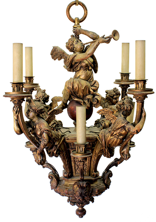 This 18th century Italian giltwood carved chandelier (electrified) surpassed expectations selling for $21,420. This fixture hung in the foyer of a San Francisco mansion built in 1904. Clars Auction Gallery image.
