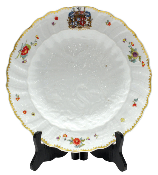 This rare Meissen Armorial plate from the ‘Swan Service’ (circa 1737-1741) was decorated with the coat of arms of Count Bruhl, then director of the Meissen factory. The plate was conservatively estimated at $6,000 to $8,000 but sold for $17,850. Clars Auction Gallery image.