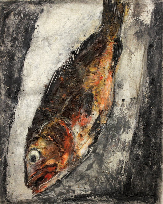 This oil, sand and oxblood on canvas by Nonda (Greek, 1922-2005) ‘Poisson,’ circa 1962, sold for $9,520. Clars Auction Gallery image.