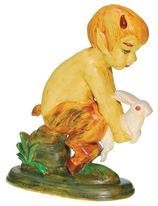 Pan holding a rabbit is a figure made by Weller Pottery for its Gardenware line. It is a little over a foot high. Weller also made a figure of Pan with a flute, but this version with a rabbit is so rare it sold for $3,540 at Humler & Nolan in Cincinnati in December.