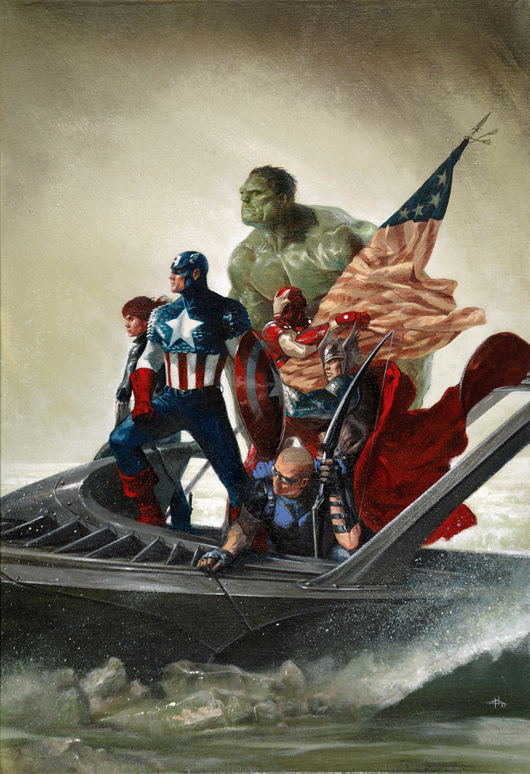 Gabriele Dell’otto,  ‘Avengers.’  Original variant cover art for ‘The  Avengers’ #25, published in April  2012. Mixed technique on thin cardboard, cm 35x50, signed. Estimate: 8,500-16,000 euros. Little Nemo image.