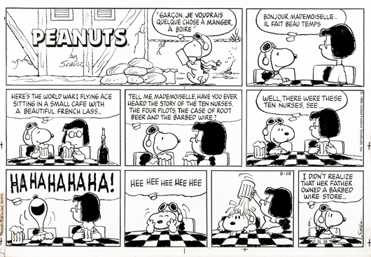 Charles Schulz, 1922-2000, ‘Peanuts by Schulz.’ Sunday page published on Aug. 28, 1988. Pencil and ink on professional cardboard, signed on the last panel. Excellent condition, framed. Estimate: 18,000-30,000 euros. Little Nemo image.