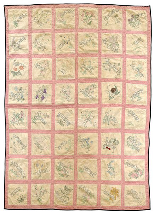 Arizona state flower embroidered quilt, 'Made by Sadie Smith Arizona 1912,' the year Arizona became a state. Image courtesy LiveAuctoneers.com Archive and Brunk Auctions.