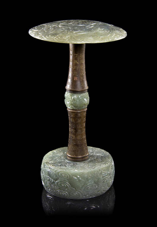Chinese carved jade and wood hat stand, height overall 11 1/4 inches. Price realized: $116,500. Leslie Hindman Auctioneers image.