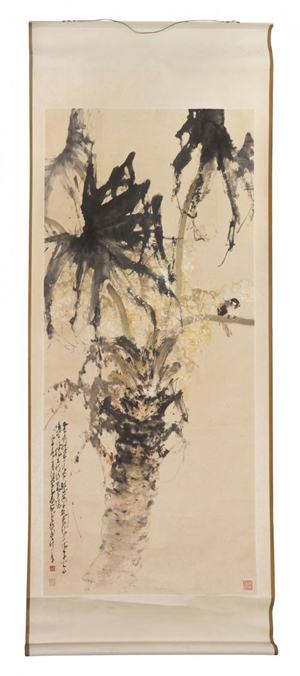 Chinese scroll painting, Zhao Shao'ang (1905-1988), ink and color on paper, height 72 inches x width 32 inches. Price realized: $86,500. Leslie Hindman Auctioneers image.