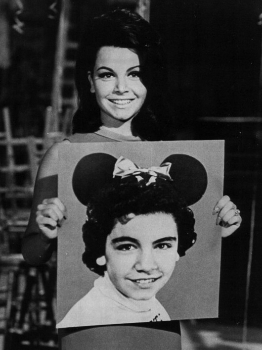 Circa-1975 publicity photo of entertainer Annette Funicello (American, 1942-2013) holding a photograph of herself as a child star on The Mickey Mouse Club (circa 1955–1958).