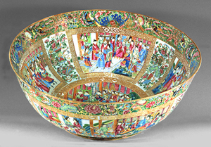 On view at Winterthur, this monumental punch bowl, 1820-1840, is part of an exhibition previewing a promised gift of Chinese export porcelain from the collection of Daniel and Serga Nadler. The bowl is decorated with figures in what is sometimes called the 'Mandarin' style, using a palette inspired by famille rose enamels. Photo credit: Daniel Nadler.