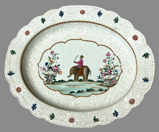 The Nadler Collection includes export porcelain made for British colonials living in India. This oval dish, circa 1760, is decorated with the figure of a mahout on elephant back. The white-on-white border ornamentation was widely imitated in the West. Photo  credit: Daniel Nadler.