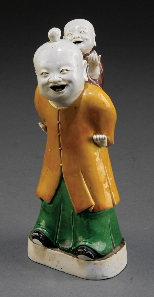 A charming 18th century famille verte biscuit-glazed porcelain figural group, possibly depicting figures from Chinese mythology, brought $5,842 in New Orleans last fall. The lot was consigned to Neal’s by a New Orleans family. Courtesy Neal Auction Co., New Orleans. 
